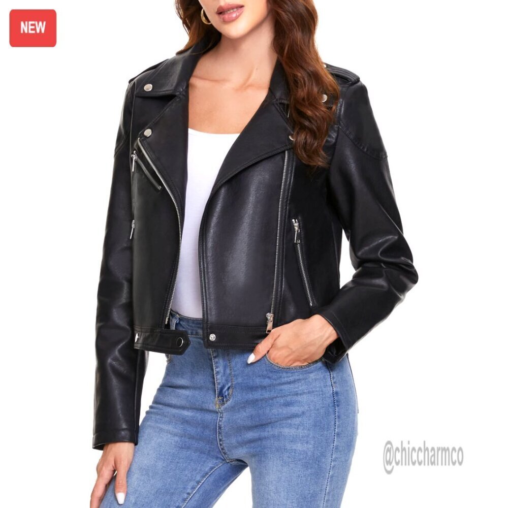Faux Leather Motorcycle Jacket Zip Up Fitted Slim Biker Coat